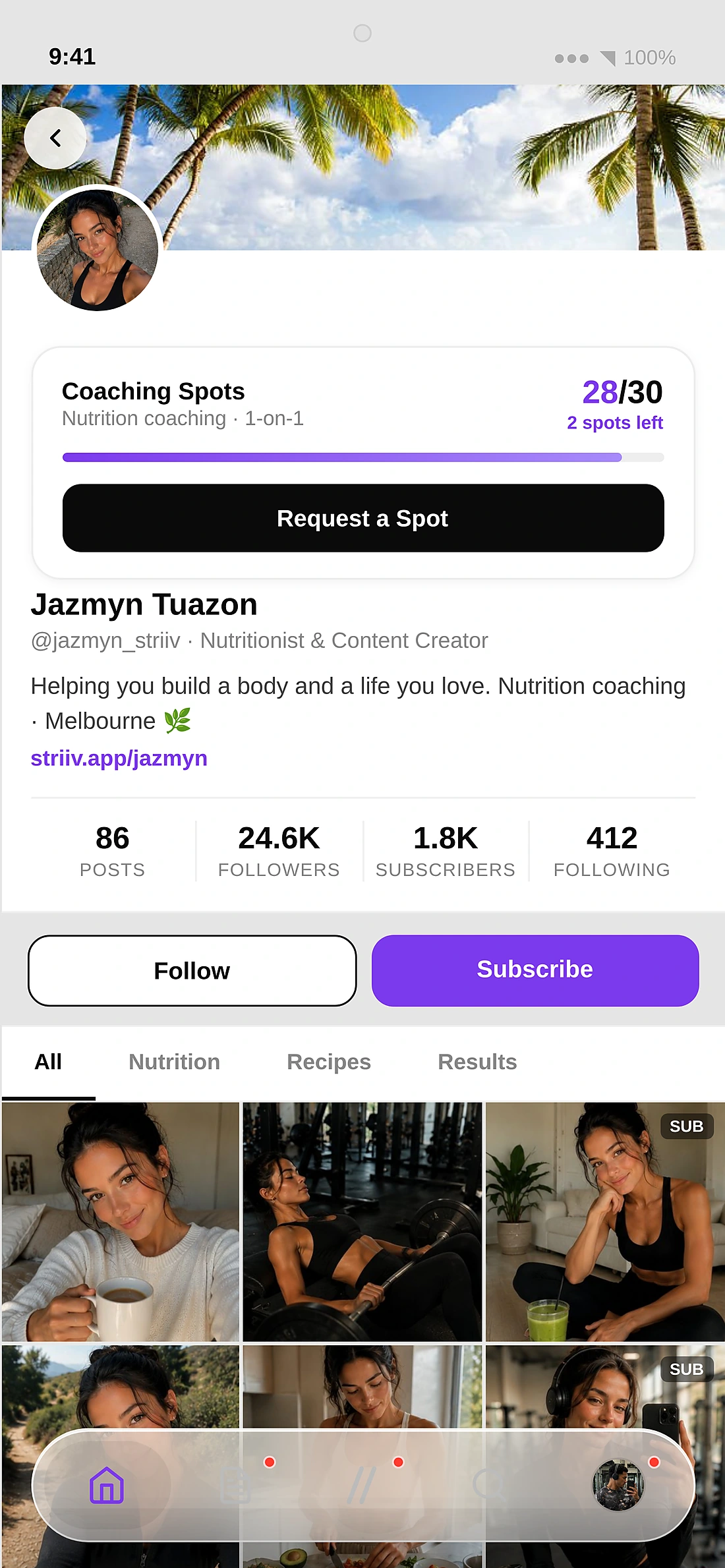 A STRIIV creator profile showing subscriber tiers and published training programs.