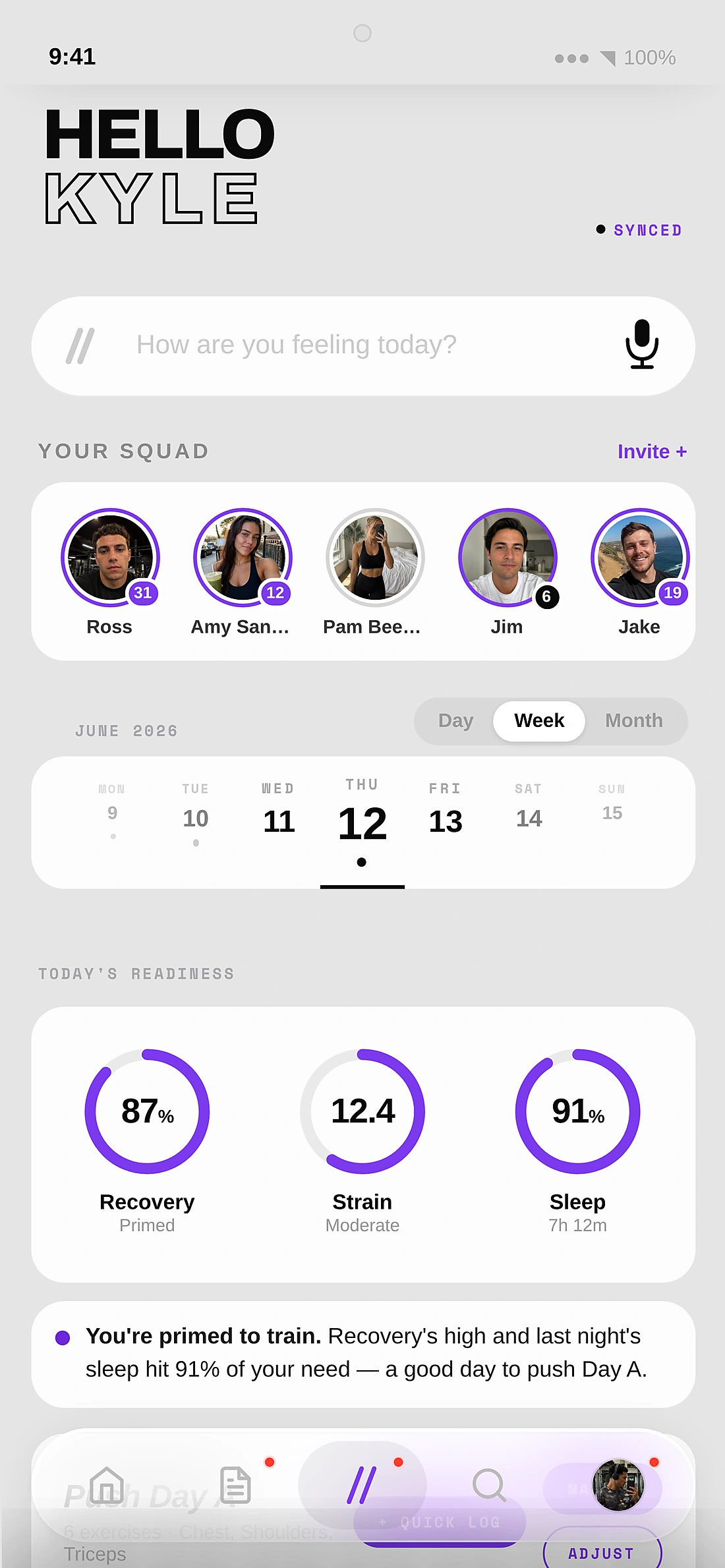 The STRIIV member app dashboard, showing readiness, squad activity and daily targets.