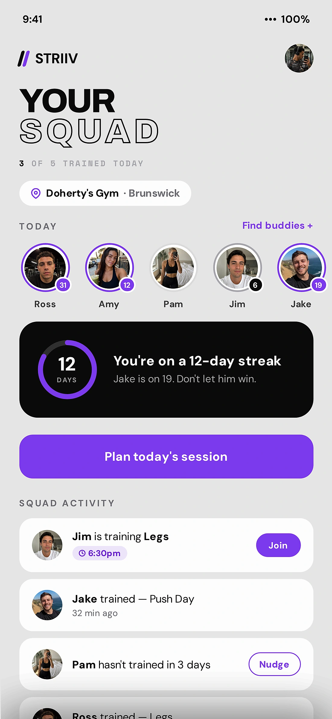 The STRIIV squad home screen, showing training partners, their streaks and who is active now.