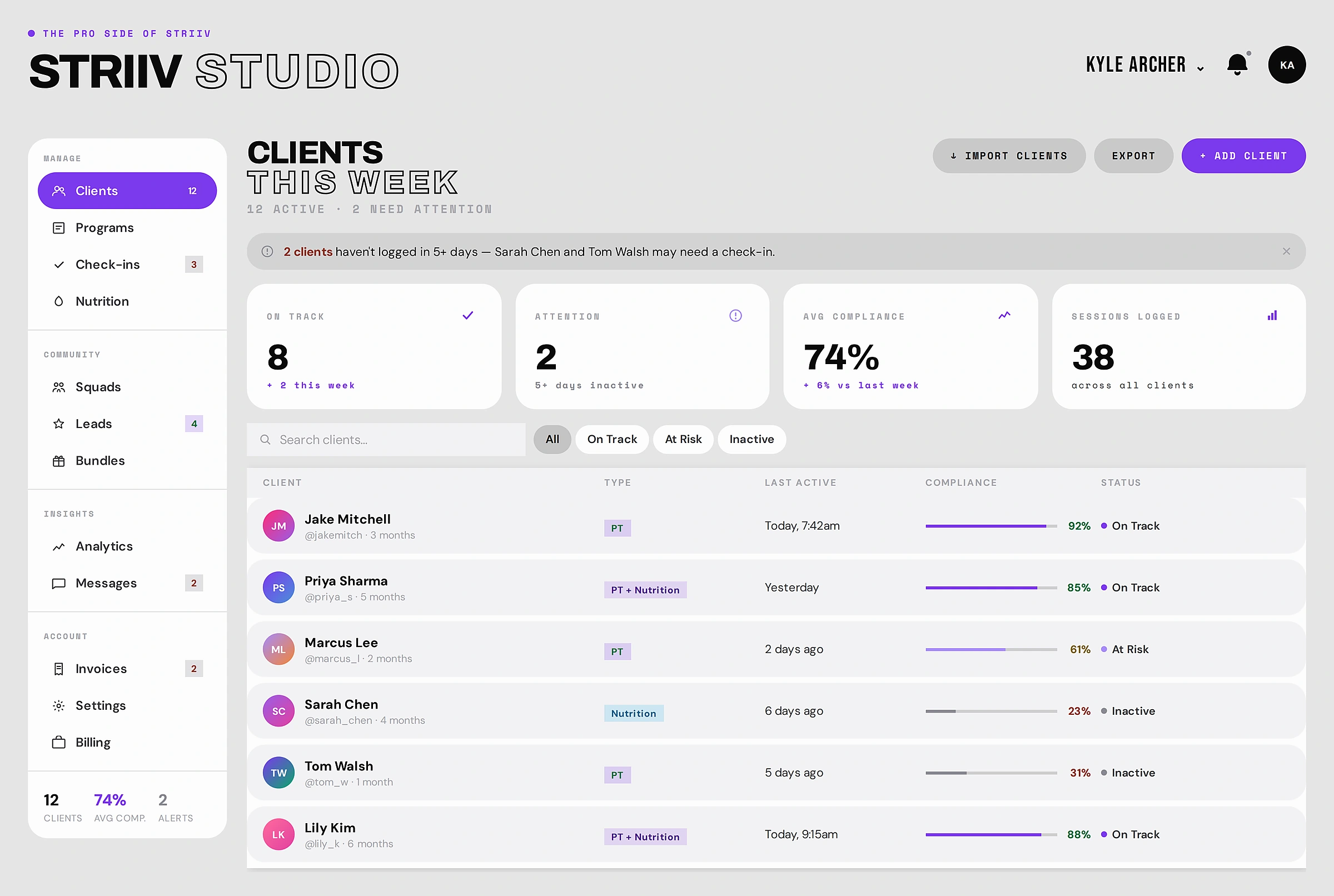 STRIIV Studio on desktop, showing the coach's client roster with compliance rates and alerts.